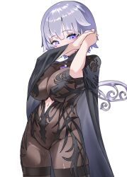 1girl alternate_costume black_bodysuit black_cloak blush bodysuit breasts chest_jewel chronopattern_dress cloak clothing_cutout commentary english_commentary gem grey_hair gurumie hands_up highres hololive hololive_english jewel_under_eye large_breasts looking_at_viewer meme_attire metal_wings momseki_(koseki_bijou) navel navel_cutout official_alternate_hairstyle open_mouth own_hands_together purple_eyes purple_gemstone purple_nails see-through_bodysuit see-through_clothes short_hair simple_background solo virtual_youtuber white_background