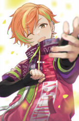 Rule 34 | 1boy, ;d, artist name, black gloves, blonde hair, brown eyes, commentary request, ear piercing, elbow gloves, fingerless gloves, gloves, green hair, high collar, jacket, looking at viewer, male focus, msin, multicolored hair, one eye closed, open mouth, orange hair, piercing, pink jacket, project sekai, shinonome akito, short-sleeved jacket, short hair, short sleeves, simple background, smile, solo, streaked hair, upper body, white background, zipper