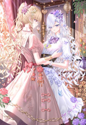 2girls :d absurdres black_sash blonde_hair blue_butterfly blunt_bangs blush bow bowtie bracelet breasts bug butterfly butterfly_hair_ornament collared_dress commentary cross cross_earrings curtained_hair curtains dress dress_bow earrings feet_out_of_frame flower flower_bracelet greyscale hair_bow hair_ornament hand_on_another&#039;s_arm hand_on_another&#039;s_back hand_on_another&#039;s_chest highres indoors insect jewelry latin_cross long_hair looking_at_another mole mole_under_eye monochrome multiple_girls open_mouth original ponytail puffy_short_sleeves puffy_sleeves purple_bow purple_bowtie purple_eyes purple_flower red_eyes red_flower ringlets sash short_sleeves smile symbol-only_commentary tina_(tinafya) vase very_long_hair waist_sash white_dress window yuri