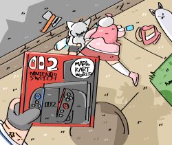 3girls animal_ears axe backpack bag box costume_request d_h98 detached_sleeves fingerless_gloves fox_ears fox_girl gloves hashtag-only_commentary hat hololive hoshimachi_suisei long_sleeves multiple_girls outdoors pavement photo-referenced pink_bag pink_hair pink_shirt pink_shoes pov redrawn sakura_miko shadow shirakami_fubuki shirakami_fubuki_(1st_costume) shirt shoes sketch thighhighs virtual_youtuber white_hair white_hat white_sleeves white_thighhighs zettai_ryouiki
