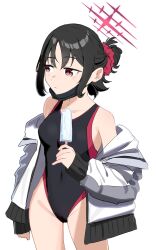 1girl alternate_hairstyle black_hair black_mask black_one-piece_swimsuit blue_archive blush breasts closed_mouth collarbone commentary competition_swimsuit covered_navel cowboy_shot english_commentary food food_bite groin halo herzero highres holding holding_food holding_popsicle jacket long_sleeves mask_pull medium_breasts misaki_(blue_archive) off_shoulder one-piece_swimsuit ponytail popsicle red_eyes short_hair short_ponytail sidelocks simple_background solo standing swimsuit white_background white_jacket