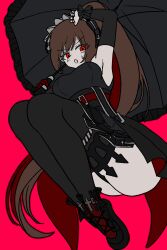 1girl bare_shoulders black_survival black_thighhighs black_umbrella breasts brown_hair estelle_(black_survival) eternal_return:_black_survival highres large_breasts maid maid_headdress pink_background ponytail red_eyes simple_background thighhighs umbrella user_tyyh2358