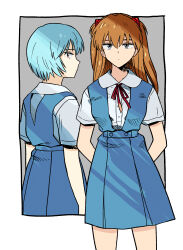 2girls arms_behind_back ayanami_rei blue_hair blue_skirt blue_vest brown_hair closed_mouth dot_mouth hair_between_eyes hatimoto highres interface_headset_(evangelion) long_hair multiple_girls neck_ribbon neon_genesis_evangelion ribbon school_uniform shirt short_hair short_sleeves simple_background skirt souryuu_asuka_langley tokyo-3_middle_school_uniform vest white_shirt