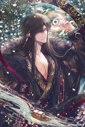 1boy absurdres black_cape black_hair black_hanfu black_robe boat cape chinese_clothes closed_mouth cowboy_shot curtained_hair flower fur-trimmed_cape fur_trim gem green_eyes hand_up hanfu head_chain highres holding holding_gem jade_(gemstone) jewelry long_hair long_sleeves looking_at_object love_and_deepspace male_focus pectoral_cleavage pectorals river robe smile snow234 solo swept_bangs watercraft watermark weibo_watermark white_flower wide_sleeves zayne_(love_and_deepspace)