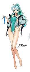 Rule 34 | 1girl, absurdres, ahoge, asamitsu (n morninglight), barefoot, fangs, fate/grand order, fate (series), feet, female focus, full body, green eyes, green hair, groin, highres, kukulkan (fate), leotard, long hair, pale skin, ponytail, solo, swimsuit, tagme, very long hair