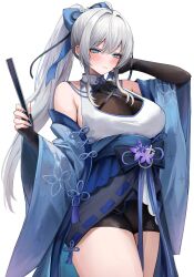 Rule 34 | 1girl, akechi mitsuki, armpit crease, black gloves, black shorts, blue eyes, blue nails, blue ribbon, blush, breasts, closed mouth, commission, cowboy shot, deyo (nicijyou), double-parted bangs, elbow gloves, fingerless gloves, folding fan, gloves, grey hair, hair ribbon, hand fan, hand up, highres, holding, holding fan, japanese clothes, kimono, large breasts, long hair, obi, off shoulder, ponytail, ribbon, sash, second-party source, shorts, simple background, skeb commission, sleeveless, sleeveless kimono, solo, two-tone kimono, unifee, virtual youtuber, white background