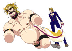 2boys amputee animal_collar animal_ears belly blonde_hair clothed_male_nude_male collar dio_brando earrings father_and_son giorno_giovanna guro huang_lia huge_belly incest jewelry jojo_no_kimyou_na_bouken leash long_hair male_pregnancy multiple_boys nipple_piercing nipples nude pectorals penis piercing pregnant tail yaoi yellow_eyes