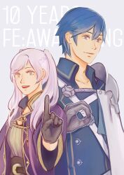 1boy 1girl :d armor black_gloves blanketwalrus blue_eyes blue_hair braid brown_eyes chrom_(fire_emblem) collarbone commentary english_commentary female_robin_(fire_emblem) fire_emblem fire_emblem_awakening gloves grey_gloves hair_between_eyes highres index_finger_raised long_hair nintendo open_clothes open_mouth open_robe parted_lips purple_robe robe shirt short_hair shoulder_armor smile swept_bangs teeth tongue twintails upper_teeth_only white_hair white_shirt