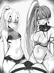 1boy 2girls baobhan_sith_(fate) baobhan_sith_(swimsuit_pretender)_(third_ascension)_(fate) bare_shoulders bikini blush breasts bulge cleavage earrings fate/grand_order fate_(series) forked_eyebrows greyscale highres jewelry large_breasts long_hair looking_at_viewer melusine_(fate) melusine_(swimsuit_ruler)_(fate) melusine_(swimsuit_ruler)_(first_ascension)_(fate) mikisarara monochrome multiple_girls navel open_mouth pointy_ears ponytail side-tie_bikini_bottom sidelocks small_breasts smile spread_legs stomach swimsuit thighs whale_tail_(clothing) wide_hips