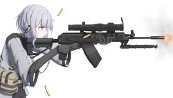 1girl absurdres bad_id bad_pixiv_id bag black_gloves drum_magazine extended_barrel female_focus firing girls&#039;_frontline gloves grey_eyes gun highres light_machine_gun looking_away machine_gun magazine_(weapon) military military_operator military_uniform rpk rpk-16 rpk-16_(girls&#039;_frontline) rynn_(rynn_cube) short_hair silver_hair solo suppressor weapon white_background