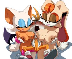 1boy 2girls absurdres bare_shoulders blush breasts brown_eyes cum cum_on_body cum_on_breasts cum_on_upper_body erection ffm_threesome furry gloves green_eyes group_sex highres huge_breasts inker_comics large_areolae mature_female multiple_girls navel nipples nude rouge_the_bat simple_background sonic_(series) tails_(sonic) thick_thighs thighhighs thighs threesome vanilla_the_rabbit white_background white_gloves