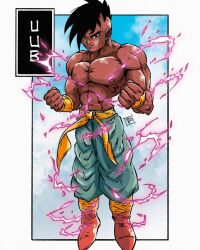 Rule 34 | 1boy, abs, biceps, black eyes, black hair, cloud, cloudy sky, dark-skinned male, dark skin, dragon ball, dragon ball gt, energy, flying, lightning, looking at viewer, muscular, muscular male, nipple stimulation, pectorals, scratches, serious, sky, solo, uub