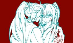 Rule 34 | 1boy, 1girl, blood, blood on clothes, blood on face, blue theme, closed eyes, coat, forehead-to-forehead, heads together, hong lu (project moon), kampuzu, limbus company, lin daiyu (project moon), long hair, long sleeves, monochrome, ponytail, project moon, red background, simple background, very long hair