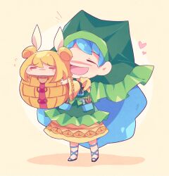 Rule 34 | 2girls, :d, = =, apron, black sandals, blonde hair, blue hair, blue ribbon, blush, closed eyes, commentary, double bun, dress, full body, green apron, green headscarf, guuchama, hair bun, haniyasushin keiki, headscarf, heart, joutouguu mayumi, leg ribbon, long hair, multiple girls, open mouth, ribbon, sandals, smile, spherification, tools, touhou, yellow background, yellow dress