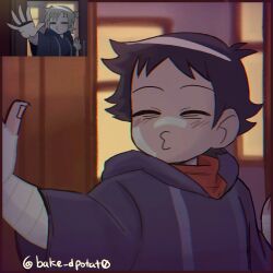 1boy ^_^ ahoge alternate_universe bandaged_arm bandages bandaid bandaid_on_face black_cloak black_hair blush cloak closed_eyes commentary cosplay derivative_work english_commentary highres hood hood_down hooded_cloak o3o official_style personality_switch reference_inset reverse_au_(scott_pilgrim) roxie_richter roxie_richter_(cosplay) scott_pilgrim_(series) scott_pilgrim_takes_off screenshot_inset screenshot_redraw short_hair signature solo tobi_(bake_dpotat0) wallace_wells