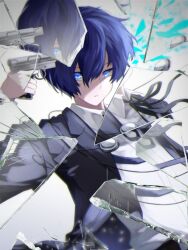 1boy black_jacket black_ribbon blazer blue_eyes blue_hair broken_glass cable double-parted_bangs dress_shirt facing_to_the_side glass glass_shards gun gun_to_head highres holding holding_gun holding_weapon jacket lanyard looking_at_viewer male_focus open_clothes open_jacket persona persona_3 ribbon school_uniform shirt tsukitaka weapon white_background white_shirt yuuki_makoto_(persona_3)