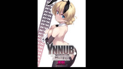 1girl animal_ears ass ass_cutout black_pants blonde_hair blue_eyes blush braid breasts butt_crack clothing_cutout covering_breasts covering_privates darjeeling_(girls_und_panzer) fake_animal_ears fake_tail french_braid girls_und_panzer highres kuzuryuu_kennosuke large_breasts leotard looking_at_viewer meme_attire no_panties pants playboy_bunny rabbit_ears rabbit_tail reverse_bunnysuit reverse_outfit simple_background sketch smile solo tail third-party_edit topless_female wallpaper white_background