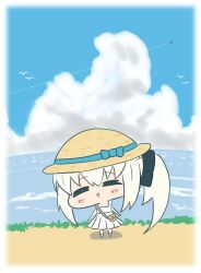 1girl black_bow blush bow closed_eyes cloud fate/grand_order fate_(series) hair_bow hat highres maru_hien morgan_le_fay_(fate) ocean side_ponytail skirt smile solo white_hair