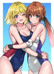 Rule 34 | 2girls, ;d, blonde hair, blue background, blue eyes, blush, border, breasts, brown hair, cleavage, collarbone, commentary, commission, covered navel, cowboy shot, elbow pads, gradient background, green eyes, groin, looking at viewer, multicolored swimsuit, multiple girls, one-piece swimsuit, one eye closed, open mouth, original, outside border, own hands together, simple background, skeb commission, smile, swimsuit, taka oedo, watermark, watermark grid, white border, wristband