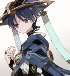 Rule 34 | 1boy, anemo symbol (genshin impact), aqua gemstone, arm at side, black bodysuit, black bridal gauntlets, black hair, blue cape, blue hat, blunt ends, bodysuit, bridal gauntlets, cape, closed mouth, expressionless, eyelashes, feathers, fingernails, gem, genshin impact, gold, gold ring, hand up, hat, highres, japanese clothes, jingasa, kimono, looking at viewer, male focus, mandarin collar, middle ring, open hand, pom pom (clothes), purple eyes, scaramouche (genshin impact), solo, toskogahazan, upper body, vision (genshin impact), wanderer (genshin impact), white background, white kimono, white trim, wispy bangs, yellow feathers