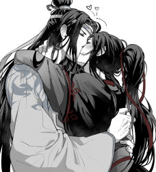 2boys black_hair black_hanfu blush chinese_clothes closed_eyes closed_mouth couple greyscale hair_ribbon hanfu headband heart high_ponytail hug kiss lan_wangji long_hair long_sleeves male_focus modao_zushi monochrome multiple_boys ponytail red_ribbon ribbon robe ronpu_cooing sash sidelocks simple_background smile spot_color topknot upper_body very_long_hair wei_wuxian white_background white_hanfu white_headband wide_sleeves xiao_guan_(headdress) yaoi