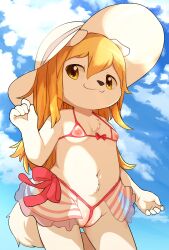 1girl :3 animal_ears bikini blonde_hair blue_sky closed_mouth cloud cowboy_shot cupless_bikini day dog_ears dog_girl dog_tail flat_chest frontal_wedgie furry furry_female hat loli long_hair looking_at_viewer manmosu_marimo micro_bikini navel nipples original red_bikini sky solo string_bikini sun_hat swimsuit tail thong_bikini wedgie white_fur white_hat yellow_eyes