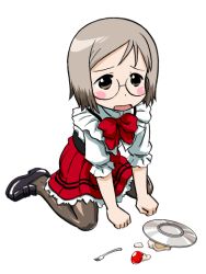 1girl accident bandabekken blush bronze_parrot cake child colored_tips female_focus food fruit glasses ichigo_mashimaro multicolored_hair pantyhose plate ribbon sakuragi_matsuri simple_background sitting solo strawberry waitress white_background
