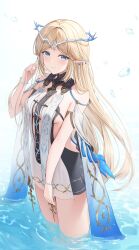 1girl absurdres bare_shoulders black_collar black_dress blonde_hair blue_eyes breasts bubble cartethyia_(wuthering_waves) closed_mouth collar commentary_request cowboy_shot crown_of_thorns dress earrings hand_up highres jewelry light_blush long_hair looking_at_viewer pointy_ears revision sinonomemikann small_breasts smile solo tabard tacet_mark_(wuthering_waves) very_long_hair wading water white_tabard wuthering_waves