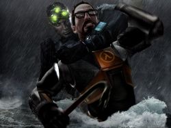 2boys armor asphyxiation battle body_armor bulletproof_vest choke_hold concept_art crossover crowbar epic glasses gordon_freeman half-life half-life_(series) half-life_2 holding holding_crowbar knife mercenary military military_uniform multiple_boys paramilitary parody pda rain sam_fisher splinter_cell strangling surprised teeth third-party_edit vest water weapon