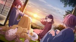 4girls asakura_toru bird cat earrings fence fukumaru_koito highres higuchi_madoka ichikawa_hinana idolmaster idolmaster_shiny_colors jewelry multiple_girls noctchill_(idolmaster) official_art short_hair sky sunset tree