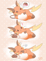 Rule 34 | !, 1other, :3, artist name, brown background, brown eyes, closed eyes, commentary request, crumbs, disembodied hand, eating, gen 1 pokemon, head rest, highres, holding, mugita konomi, nintendo, open mouth, pet food, pokemon, pokemon (creature), polka dot, polka dot background, raichu, speech bubble, spoken object, thought bubble