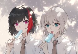 Rule 34 | 2girls, aoba moca, aqua eyes, bang dream!, black hair, brown necktie, collared shirt, food, grey hair, holding, holding food, holding ice cream, ice cream, kagisase, licking, light blush, looking at another, looking at food, medium hair, melting, mitake ran, multicolored hair, multiple girls, necktie, pink eyes, red hair, shirt, streaked hair, sweat, tongue, tongue out, upper body, white shirt