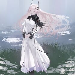 1girl absurdres arknights black_dress black_horns breasts cleavage_cutout clothing_cutout commentary dress feet_out_of_frame fog grass grey_hair hair_between_eyes hair_intakes highres horns jewelry long_dress long_hair long_sleeves looking_at_viewer medium_breasts multiple_rings nanami_alice open_mouth outdoors own_hands_together pink_eyes ring sidelocks smile solo standing steepled_fingers teeth theresa_(arknights) two-tone_dress white_dress