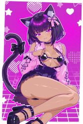 1girl absurdres animal_ear_fluff animal_ears ass belt_collar bikini black_bikini black_collar black_hair black_panties black_shoes bow breasts cat_ears cat_tail closed_mouth clothing_cutout collar finn_flint finn_flint_(vtuber) frilled_shirt_collar frills full_body hair_bow heart high_heels highres long_sleeves looking_at_viewer mask medium_breasts mouth_mask on_floor original panties pink_shirt platform_heels purple_background purple_eyes shirt shoes shoulder_cutout smile swimsuit tail tail_bow tail_ornament underwear
