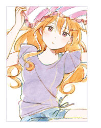 1girl :t arms_up artbook blue_shorts blush brown_hair chromatic_aberration closed_mouth hair_between_eyes hair_ornament hairclip highres konoe_kanata long_hair looking_at_viewer love_live! love_live!_nijigasaki_high_school_idol_club lying neo_sky_neo_map!_(love_live!) non-web_source official_art on_back pillow pout purple_eyes purple_shirt shirt short_sleeves shorts simple_background solo wavy_hair white_background