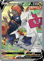1boy aqua_eyes artist_name berry_(pokemon) black_hair blue_pants card_(medium) cellphone character_name colored_sclera company_name copyright_name copyright_notice curry dark-skinned_male dark_skin duraludon earrings english_text floating food fruit gen_4_pokemon gen_8_pokemon grass grey_hair holding holding_plate hood hood_down jewelry leaf leppa_berry multicolored_hair nintendo official_art outdoors pants pecha_berry phone plate pokemon pokemon_(creature) pokemon_card pokemon_swsh pokemon_tcg raihan_(pokemon) rotom rotom_phone saitou_naoki short_hair sitrus_berry smartphone smile steam tamato_berry teeth third-party_source trading_card two-tone_hair yellow_sclera