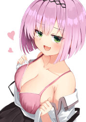 1girl :d absurdres armpit_crease bare_shoulders black_hairband blunt_ends blush bob_cut bra breasts cleavage collarbone collared_shirt commentary eyelashes eyes_visible_through_hair fang green_eyes hair_between_eyes hairband hands_up heart highres large_breasts looking_at_viewer mizuka_academy_school_uniform naughty_face nodoameyatou open_clothes open_mouth open_shirt pink_bra pleated_skirt school_uniform shirt short_hair simple_background skin_fang skirt smile smug solo straight_hair suspender_skirt suspenders tanikaze_amane tenshi_souzou_re-boot! underwear undressing upper_body white_background white_shirt