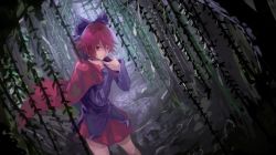 1girl ahoge blouse blue_shirt blurry bow cape cowboy_shot dark depth_of_field female_focus hair_between_eyes hair_bow hands_up high_collar kaatoso long_sleeves miniskirt night no_neck perspective purple_shirt red_eyes red_hair red_skirt ribbon-trimmed_bow ribbon-trimmed_sleeves ribbon_trim sekibanki shirt short_hair skirt solo standing thighs touhou tree untucked_shirt wading water willow
