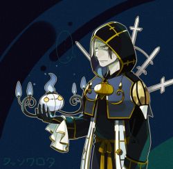 Rule 34 | 1boy, black hair, chandelure, gen 5 pokemon, gloves, hood, kuroda kanbei, male focus, multicolored hair, nintendo, nobunaga no yabou, pokemon, pokemon (creature), pokemon conquest, sengoku musou, two-tone hair, ucchii, white hair