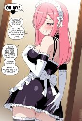 Rule 34 | 1girl, absurdres, apron, black dress, breasts, commentary, detached collar, dress, elbow gloves, english commentary, english text, frilled dress, frills, gloves, grin, hair over one eye, hand on own ass, hand on own chest, heart, heart-shaped pupils, highres, large breasts, maid, maid apron, maid headdress, nico-neko, original, pink eyes, pink hair, short dress, smile, solo, speech bubble, symbol-shaped pupils, thighhighs, white gloves