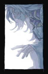 1boy armor black_border border facing_to_the_side final_fantasy final_fantasy_ix grey_hair jacket kuja long_hair long_sleeves male_focus michibata_65 parted_bangs parted_lips purple_jacket shoulder_armor smile solo trap upper_body white_background wide_sleeves