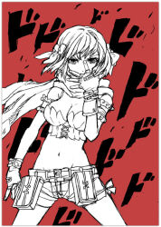 1girl bad_id belt belt_pouch border bow breasts cleavage commentary_request cowboy_shot fingerless_gloves gloves greyscale_with_colored_background hair_bow jojo_no_kimyou_na_bouken jojo_pose jonathan_joestar&#039;s_pose_(jojo) lala_(sputnik) large_breasts looking_at_viewer menacing_(jojo) midriff navel phantom_blood pouch ragnarok_online ranger_(ragnarok_online) red_background scarf shorts simple_background solo strapless tube_top