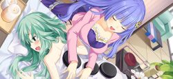 2girls blanket blue_hair breasts candle closed_eyes collarbone couch date_a_live date_a_live:_spirit_pledge dress game_cg green_eyes green_hair hair_between_eyes hair_ornament indoors izayoi_miku jewelry kyouno_natsumi large_breasts long_hair long_sleeves multiple_girls official_art open_mouth smile stepping_stones therapy third-party_source