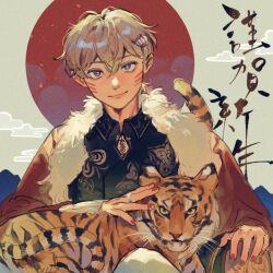 Rule 34 | 1boy, amo (amo 0514), animal, animal on lap, black shirt, brown eyes, brown hair, chinese clothes, chinese commentary, chinese zodiac, closed mouth, cloud, collared shirt, commentary, double-parted bangs, facial mark, fingernails, fur-trimmed jacket, fur trim, hair between eyes, hair ornament, head tilt, jacket, jewelry, long sleeves, looking at viewer, male focus, nail polish, on lap, open clothes, open jacket, original, petting, print shirt, red jacket, red nails, red sun, ring, shirt, short hair, sitting, smile, solo, tiger, translation request, upper body, whisker markings, year of the tiger