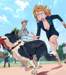 1boy 2girls barefoot bench blonde_hair blue_jacket blue_skirt blue_tank_top breasts chasing cloud cloudy_sky day dog hat high_heels highres jacket medium_breasts multiple_girls no_bra office_lady open_mouth original outdoors park park_bench pencil_skirt running sekoshi_(some1else45) skirt sky some1else45 suit_jacket sunglasses sweat tank_top tree white_hat