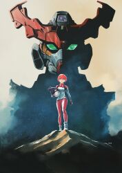 1girl absurdres amate_yuzuriha aqua_eyes beanie bodysuit full_body gquuuuuux gundam gundam_gquuuuuux haro hat highres holding hyde_(tabakko) mecha mecha_pilot_suit mobile_suit mobile_suit_gundam multicolored_bodysuit non-humanoid_robot normal_suit_(gundam) parody red_hair retro_artstyle robot science_fiction short_hair star_(sky) v-fin