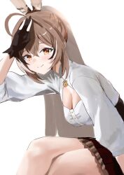 Rule 34 | 1girl, ahoge, black gloves, black hair, black skirt, black streaks, blush, breasts, brown eyes, brown hair, cleavage, closed mouth, feather hair ornament, feathers, gloves, hair between eyes, hair ornament, highres, hololive, hololive english, long hair, looking at viewer, medium breasts, multicolored hair, nanashi mumei, nanashi mumei (1st costume), partially fingerless gloves, ponytail, puffy sleeves, redi (rasec asdjh), salute, shirt, simple background, sitting, sketch, skirt, smile, solo, streaked hair, thighs, virtual youtuber, white background, white hair, white shirt, white streaks