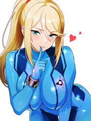 1girl bamboo_tac blonde_hair blue_bodysuit blue_eyes bodysuit breasts commentary heart high_ponytail highres index_finger_raised large_breasts looking_at_viewer metroid nintendo ponytail samus_aran simple_background skin_tight smile solo white_background zero_suit