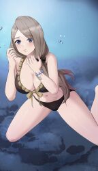 1girl air_bubble amayo_thranana bikini blonde_hair blue_eyes breasts brown_bikini bubble cleavage commission diving fire_emblem fire_emblem:_three_houses fire_emblem_heroes hair_over_shoulder highres large_breasts long_hair low-tied_long_hair low_ponytail mercedes_von_martritz nintendo official_alternate_costume orange_hair ponytail skeb_commission swimsuit underwater