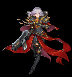 .75_calibre_bolt 1girl absurdres adepta_sororitas animification anti-materiel_cartridge armor armored_boots black_background bolt_(warhammer_40k) bolter boots closed_mouth female_focus fleur-de-lis full_body greaves grey_eyes grey_hair gun hair_between_eyes high-explosive_cartridge highres holding holding_gun holding_weapon looking_at_viewer medium_hair moonface pauldrons power_armor purity_seal rocket-assisted_projectile shoulder_armor simple_background skull solo vambraces warhammer_40k weapon window_magazine
